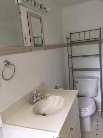 a bathroom with a sink toilet and mirror