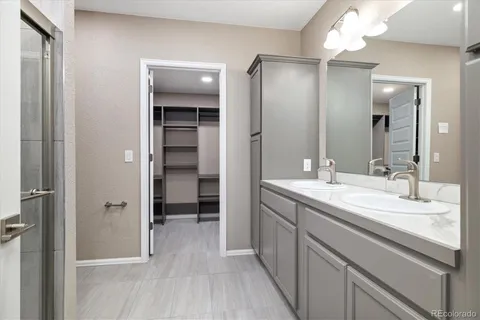 a bathroom with a double vanity sink a mirror and a shower