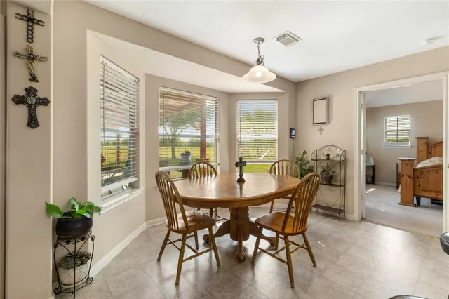a view of a dining room with furniture window and outside view