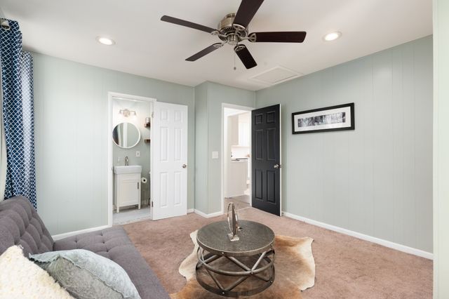 a living room with furniture and a potted plant