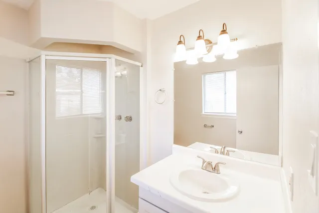a bathroom with a sink a mirror and a shower