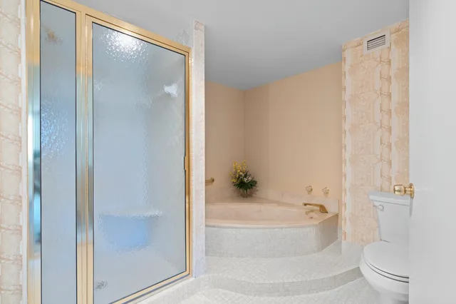 a bathroom with a bathtub and a toilet