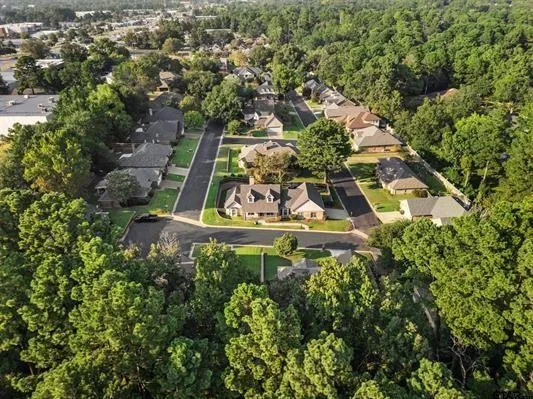 an aerial view of a residential houses with yard