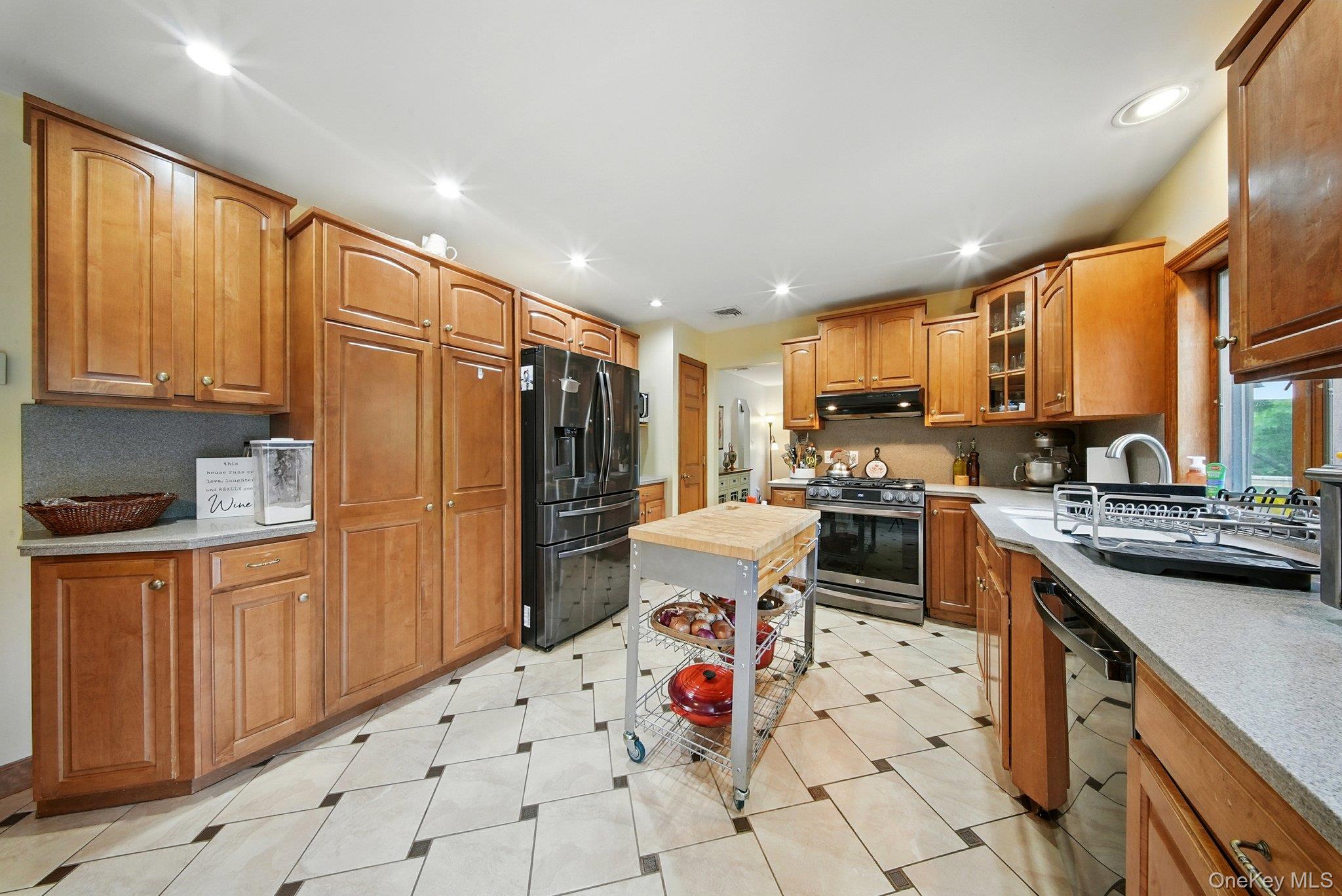 193 Dill Road Forestburgh, NY 12777 - Photo 13 of 31 Kitchen featuring stainless steel appliances, under cabinet range hood, glass insert cabinets, recessed lighting, and brown cabinetry