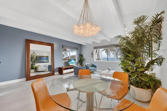 a dining room with furniture a potted plant and a chandelier