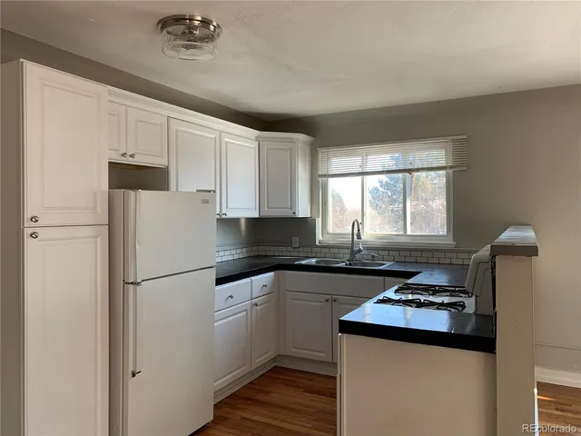 a kitchen with a refrigerator sink and cabinets