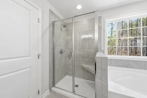 a bathroom with a shower and a bath tub