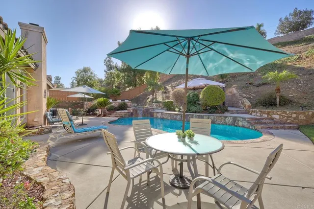a view of a back yard with an outdoor seating