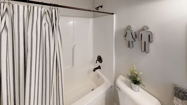 a bathroom with a shower curtain