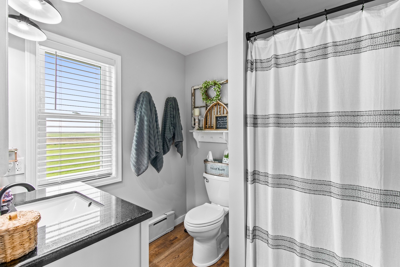 4698 East 17th Road Leland, IL 60531 - Photo 23 of 57 a bathroom with a granite countertop sink toilet and shower