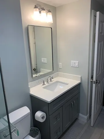 a bathroom with a toilet sink and mirror