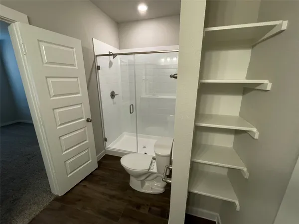 a bathroom with a shower and toilet