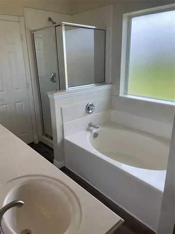 a bathroom with a bathtub and a sink