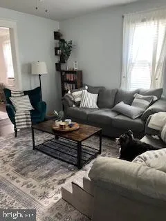 a living room with furniture a rug and a window