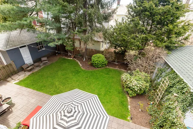 a view of a backyard with couches plants and large trees