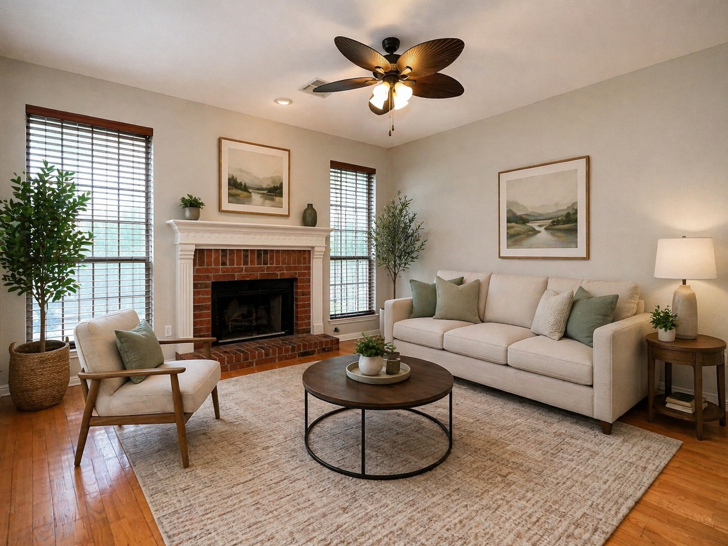 11017 Rio Vista Drive Austin, TX 78726 - Photo 11 of 38 Virtually-staged: Living room featuring wood-finish flooring, a brick fireplace with a white mantel, and two large windows with blinds