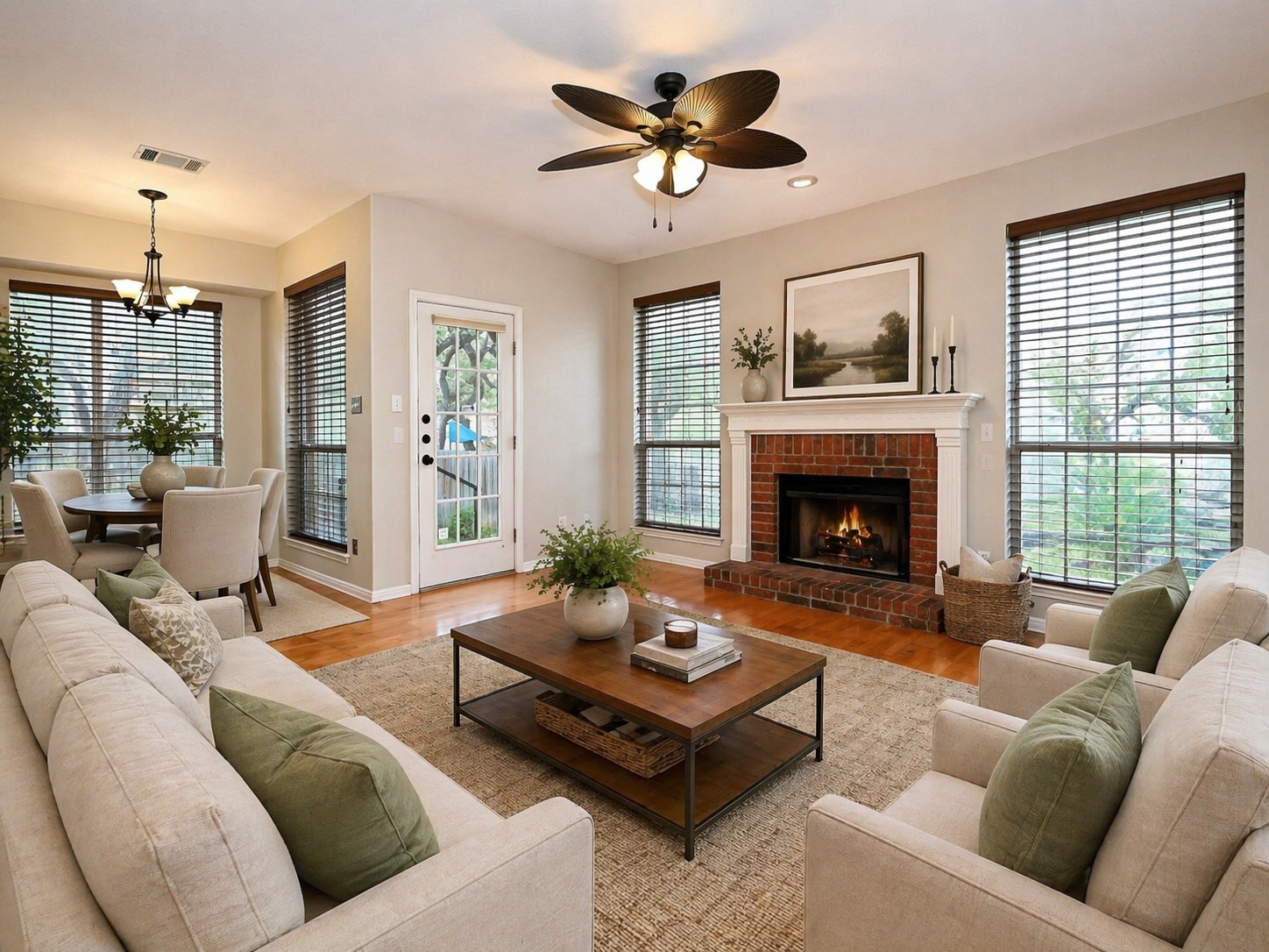 11017 Rio Vista Drive Austin, TX 78726 - Photo 13 of 38 Virtually-staged: Living area featuring a brick fireplace with a white mantel, wood-finish flooring, and multiple windows with blinds