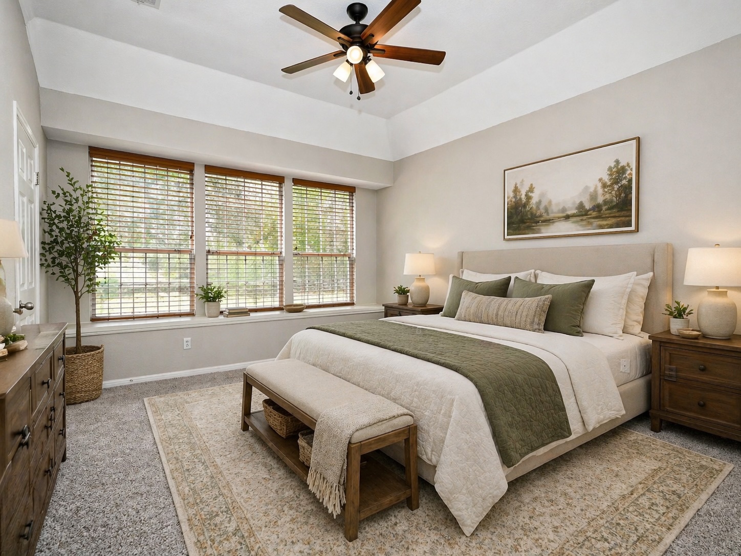 11017 Rio Vista Drive Austin, TX 78726 - Photo 23 of 38 Virtually-staged: Spacious room featuring a tray ceiling, multiple windows with wood blinds, neutral carpet flooring, and a ceiling fan with light kit