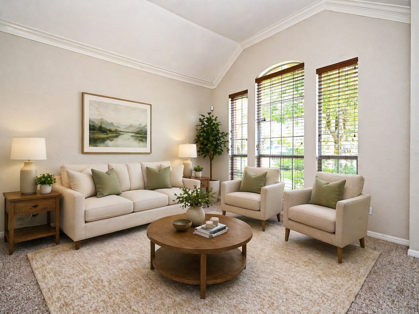 11017 Rio Vista Drive Austin, TX 78726 - Photo 7 of 38 Virtually-staged: Vaulted ceiling featuring crown molding, multiple large windows with horizontal blinds, and textured wall finishes