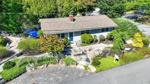 an aerial view of a house with a yard and potted plants