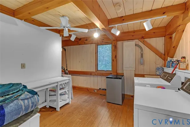 a view of a balcony with garden