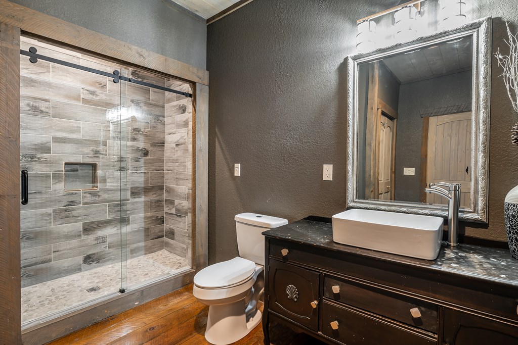 2637 River Road Mineral Bluff, GA 30559 - Photo 17 of 67 a bathroom with a sink a toilet a mirror and shower