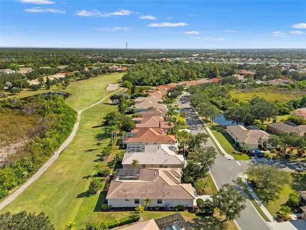 an aerial view of residential houses with outdoor space