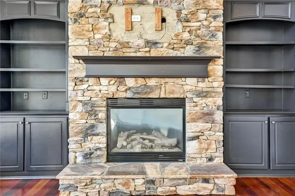 a room with a fireplace