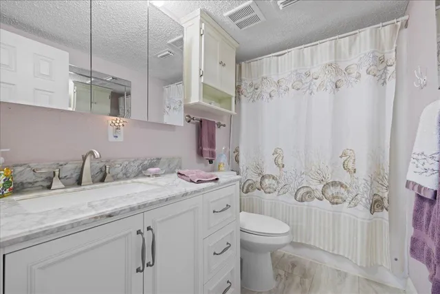 a bathroom with a granite countertop sink a toilet and a shower