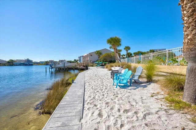 a view of a lake with a beach