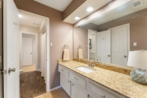 a bathroom with a granite countertop sink and a mirror