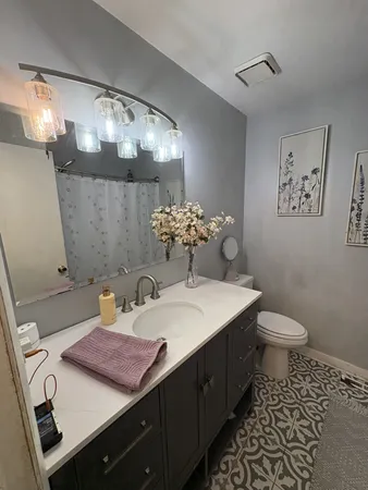 a bathroom with a sink a toilet and a mirror