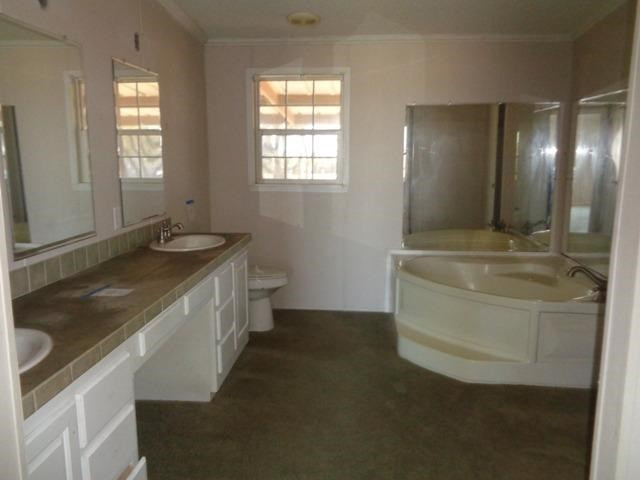 1723 Owl Road Lubbock, TX 79407 - Photo 9 of 18 a bathroom with a granite countertop sink a toilet a mirror and window