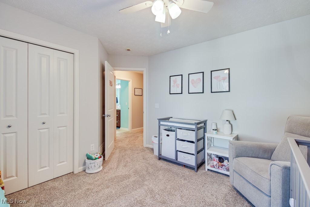 132 Timber Ridge Drive, Unit RDR Elyria, OH 44035 - Photo 32 of 41 Living area with light carpet, a textured ceiling, and ceiling fan