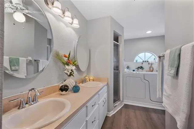 a bathroom with a sink double vanity and a mirror