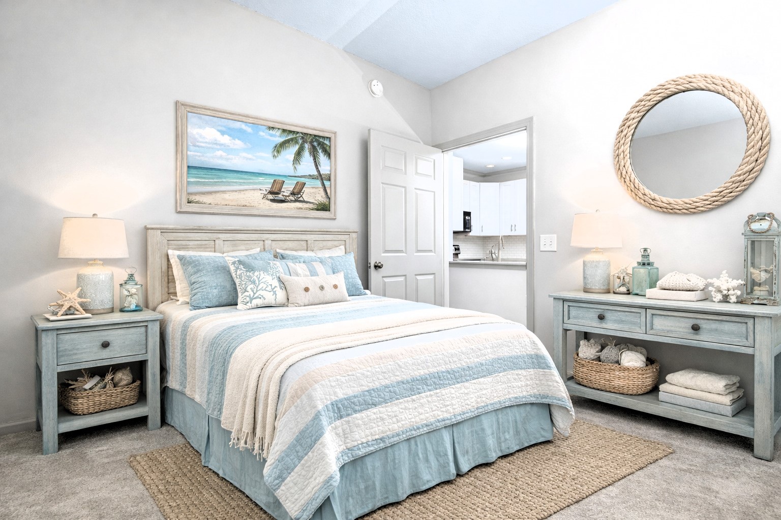 1601 Nectarine Street, Unit B2 Fernandina Beach, FL 32034 - Photo 20 of 46 a bedroom with a bed and a chandelier