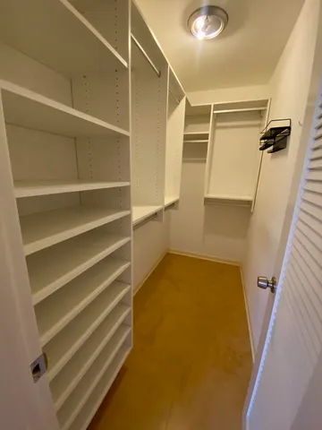 a view of walk in closet with empty racks