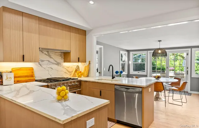 a kitchen with a sink a counter top space and stainless steel appliances