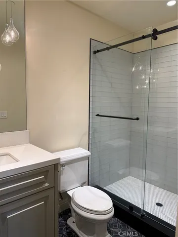 a bathroom with a shower and a toilet