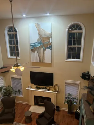 a fireplace with glass door