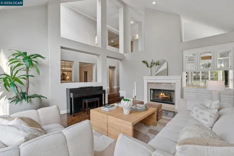a living room with furniture a fireplace and a potted plant