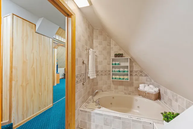 a room with storage and a table