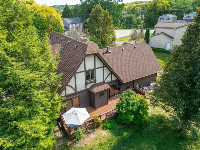an aerial view of residential houses with outdoor space and trees