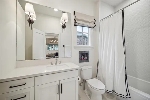 a bathroom with a sink a toilet a mirror and shower