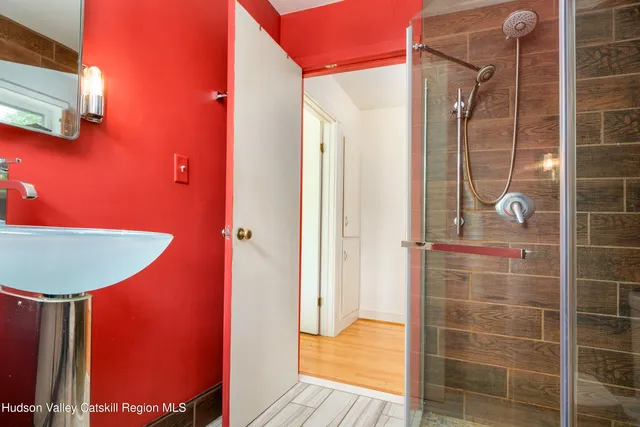 a bathroom with a shower and a sink