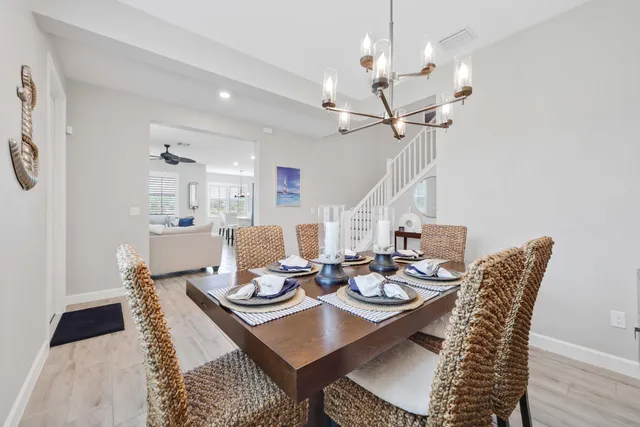 a view of a dining room with furniture