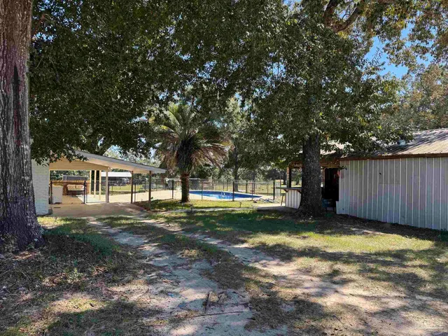 a view of a yard with large trees and a barn in it