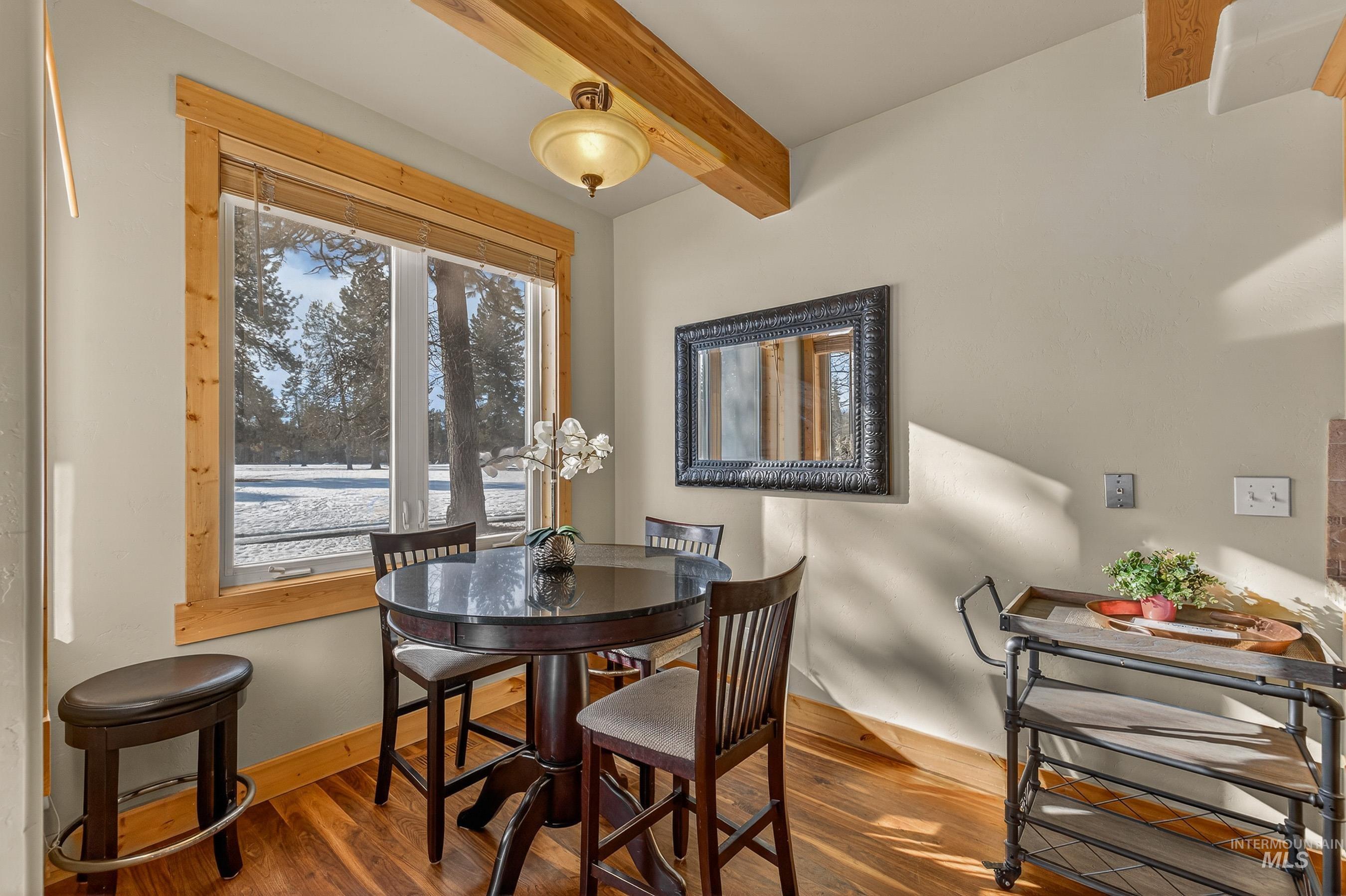 722 Lick Creek Road, Unit 8 McCall, ID 83638 - Photo 16 of 50 Dining area featuring wood finished floors and beamed ceiling