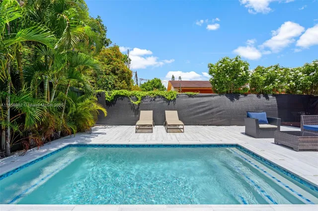 a view of a backyard with sitting area
