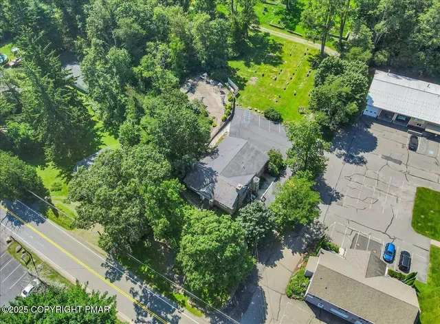 a view of a city with lush green forest